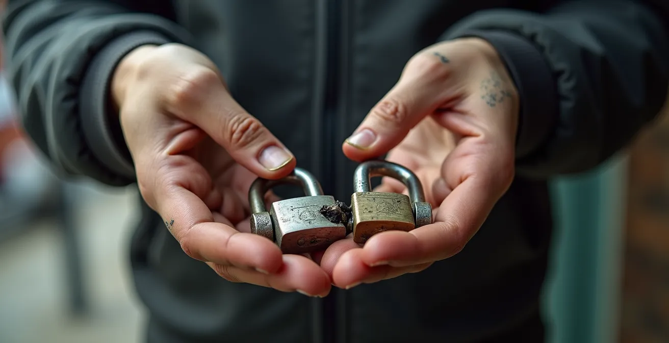 Damaged bike lock remnants on pavement showing signs of angle grinder attack