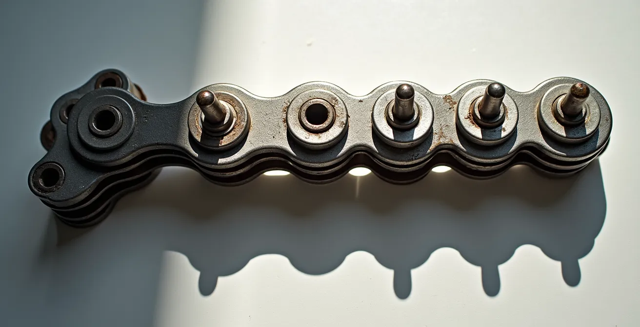 Technical cross-section showing chain pin and roller wear patterns under high torque