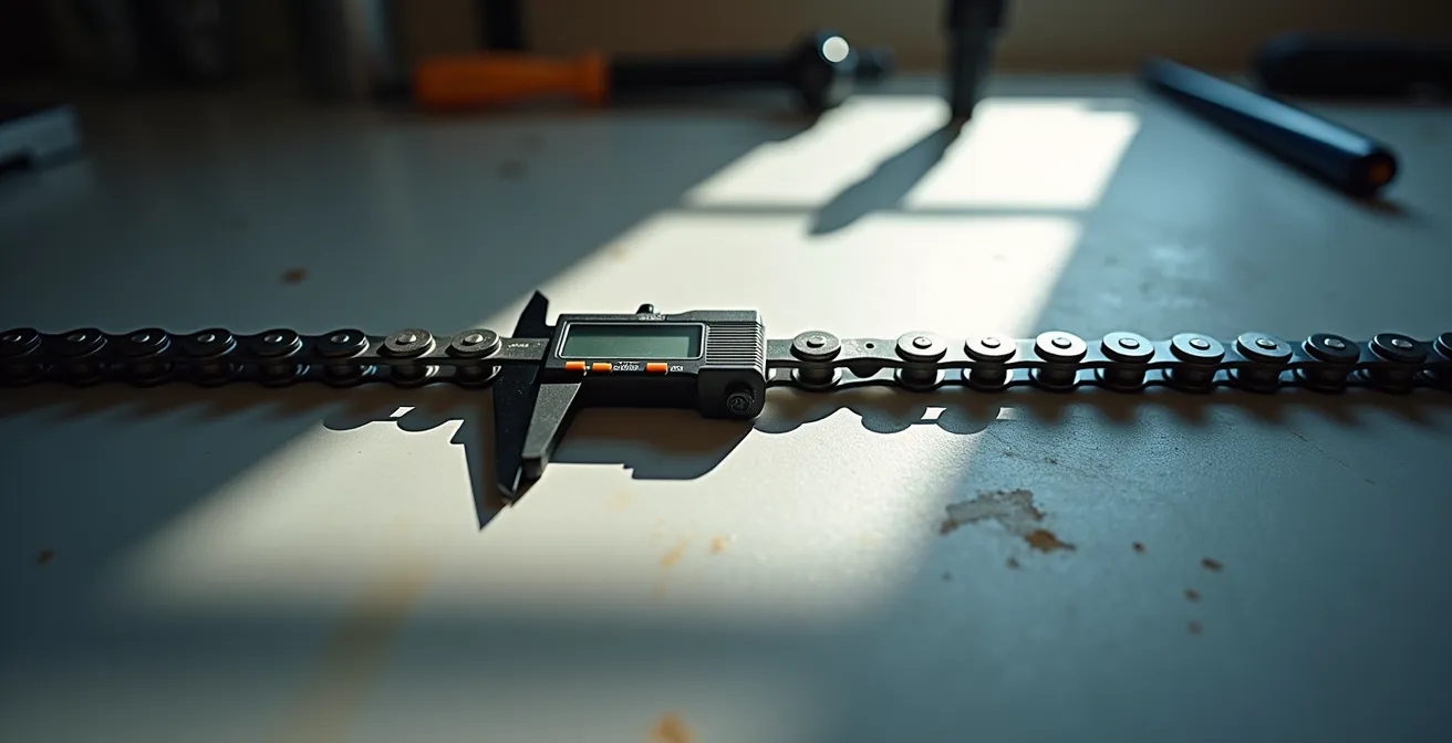 Digital caliper measuring chain stretch on 12-link section showing precise measurement technique
