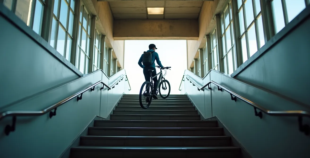 Wide angle view of commuter navigating station stairs with e-bike showing proper lifting technique