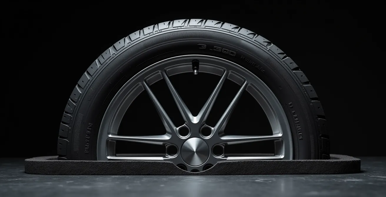 Technical cross-section showing tire deformation causing pinch flat against rim edge