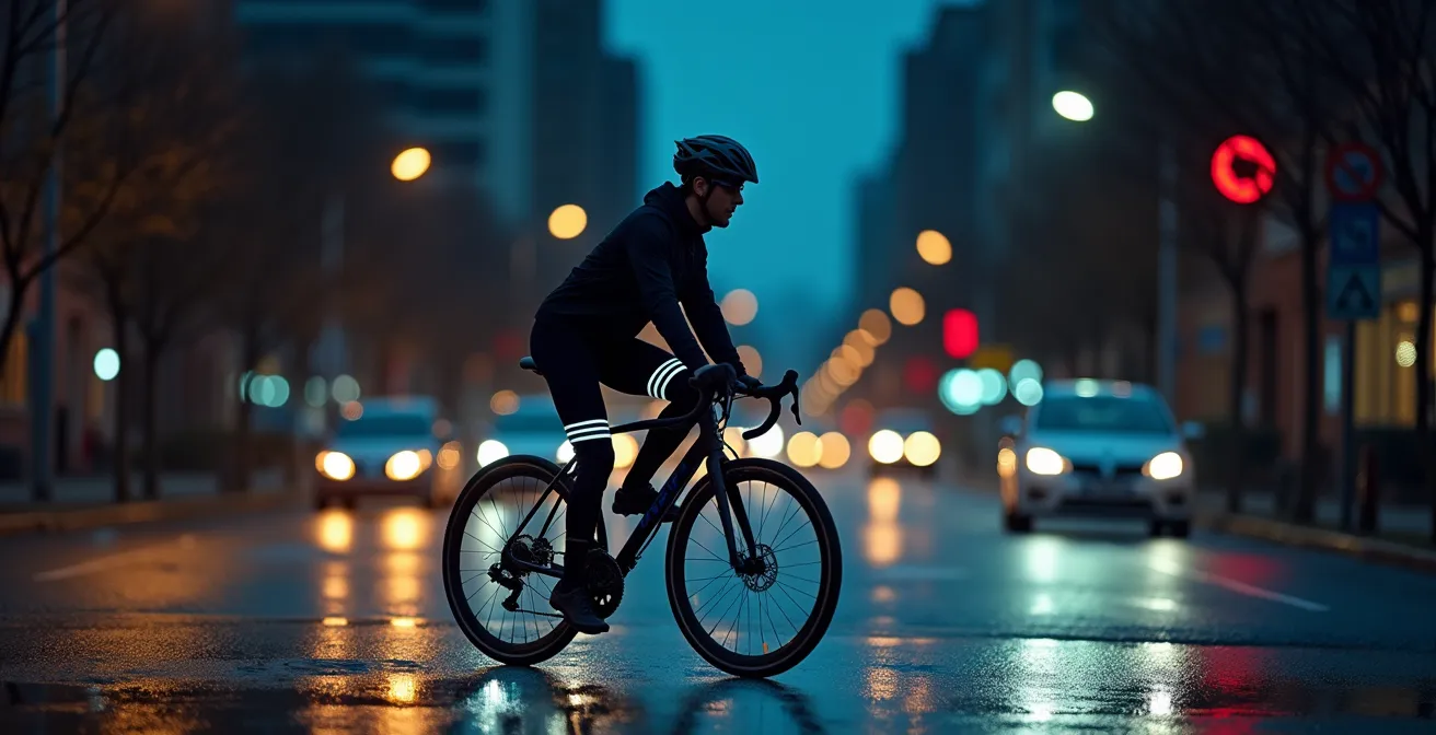 Night scene showing cyclist with reflective gear illuminated by car headlights