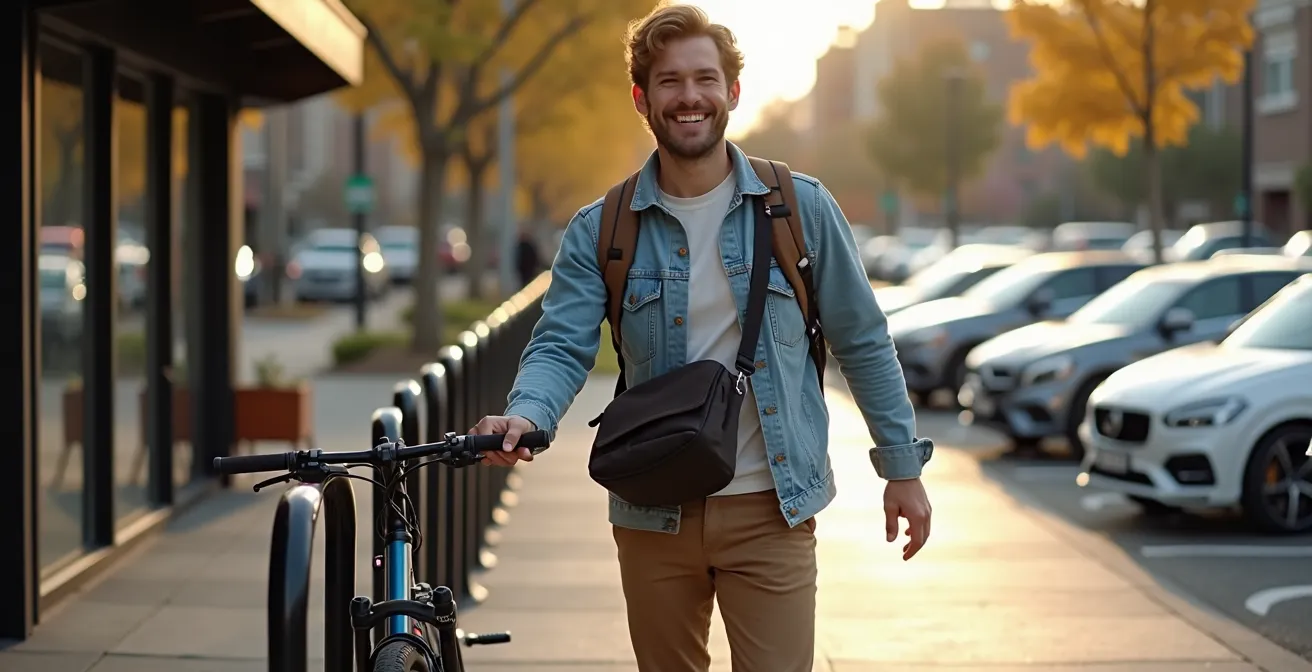 E-bike rider parking directly at store entrance while cars circle for spots
