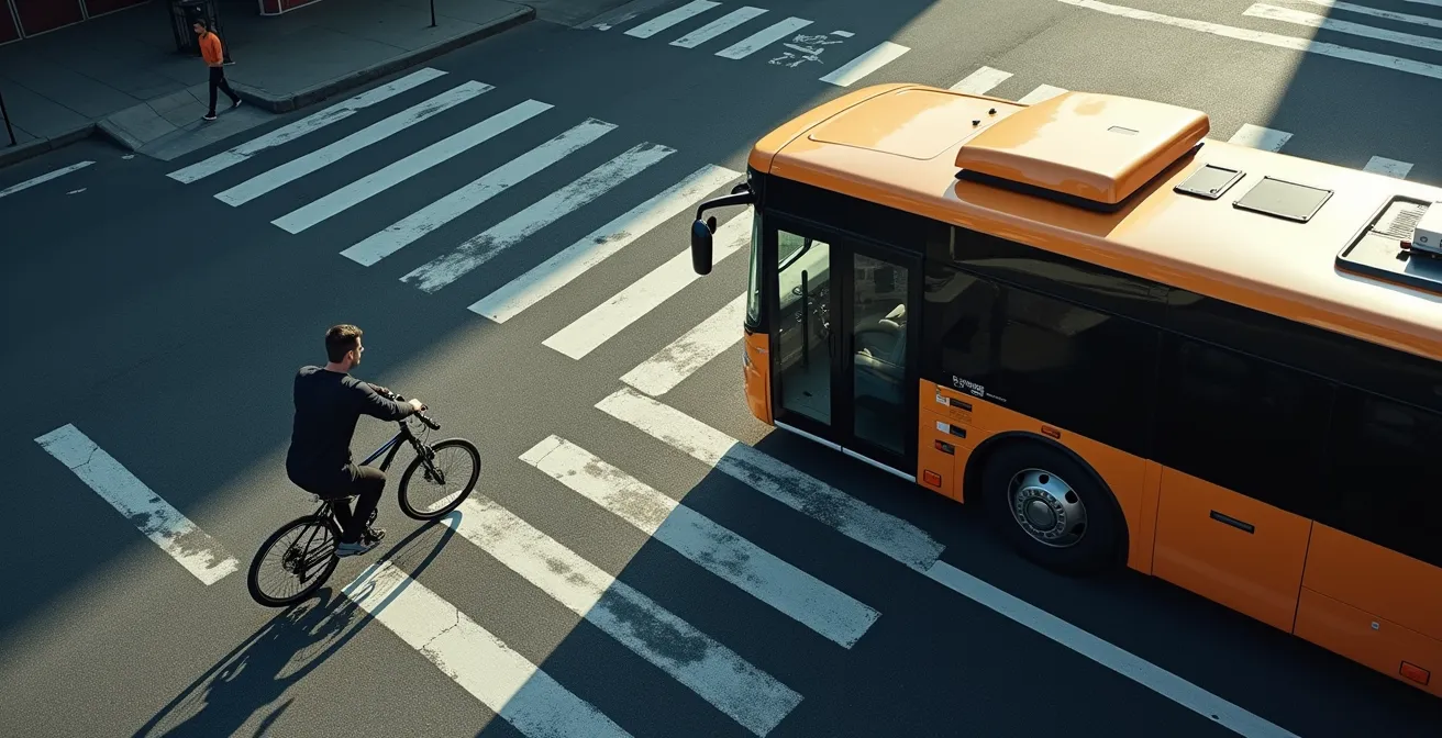 Cyclist positioning safely relative to bus blind spots at urban intersection