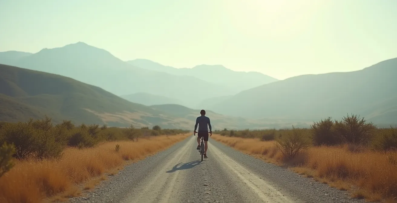 Wide landscape shot of cyclist on remote mountain trail checking navigation