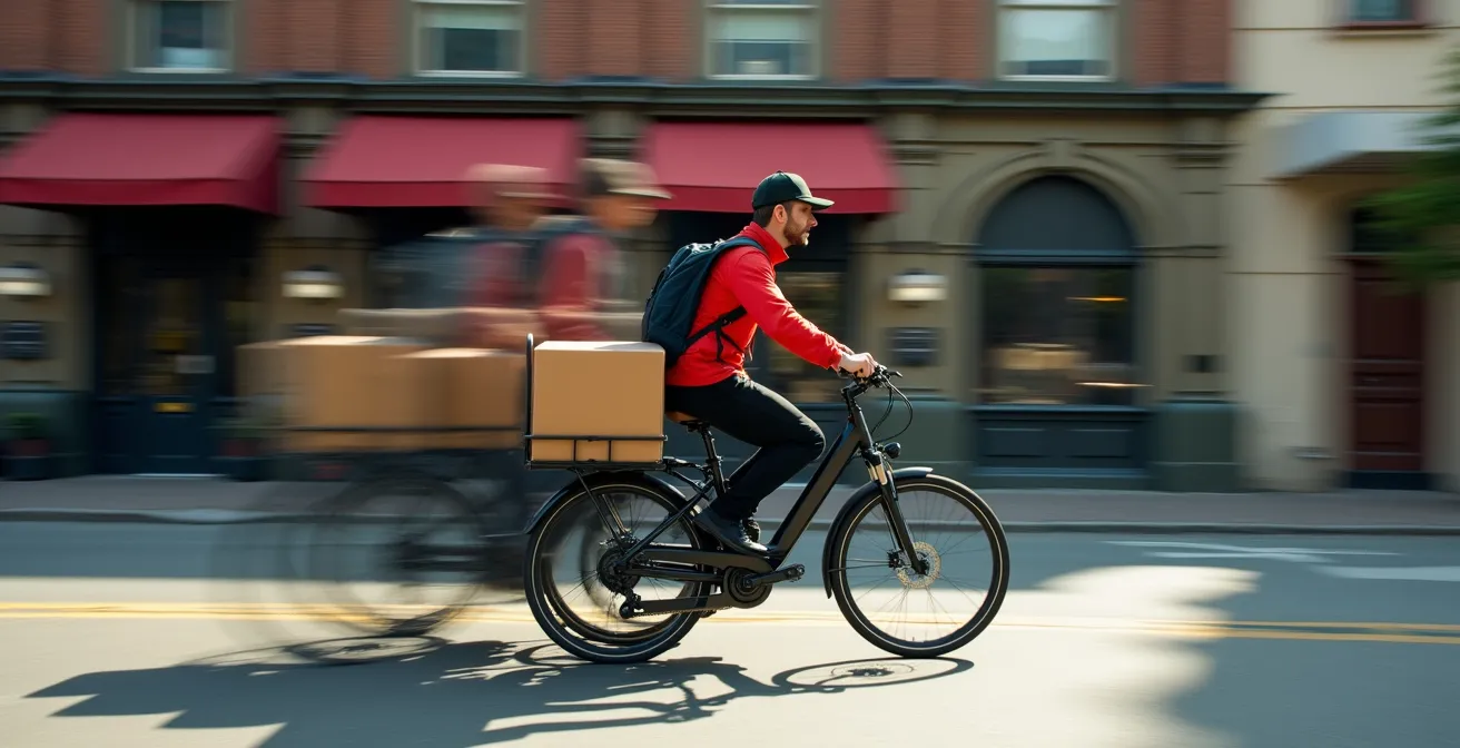 Delivery cyclist with loaded cargo making efficient stop in urban area