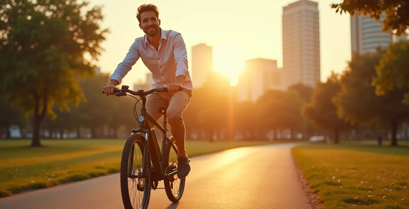 Office worker in business attire enjoying e-bike ride in urban park setting