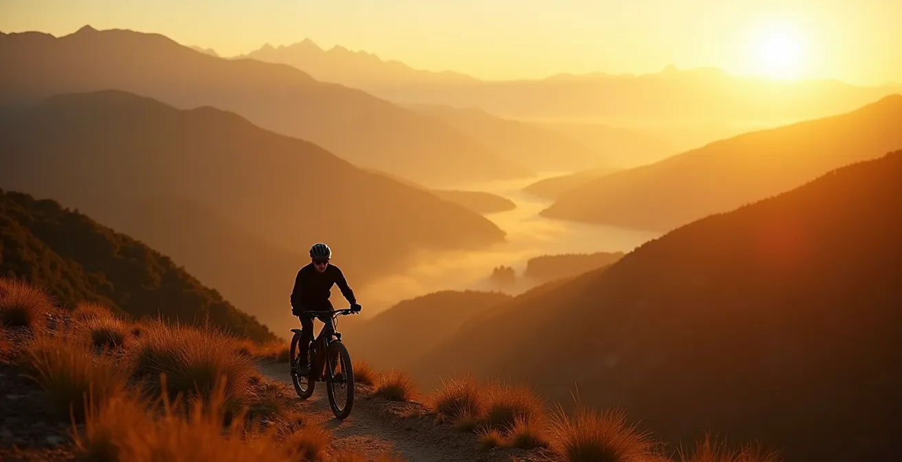 E-bike rider on mountain trail adjusting assist mode on handlebar control