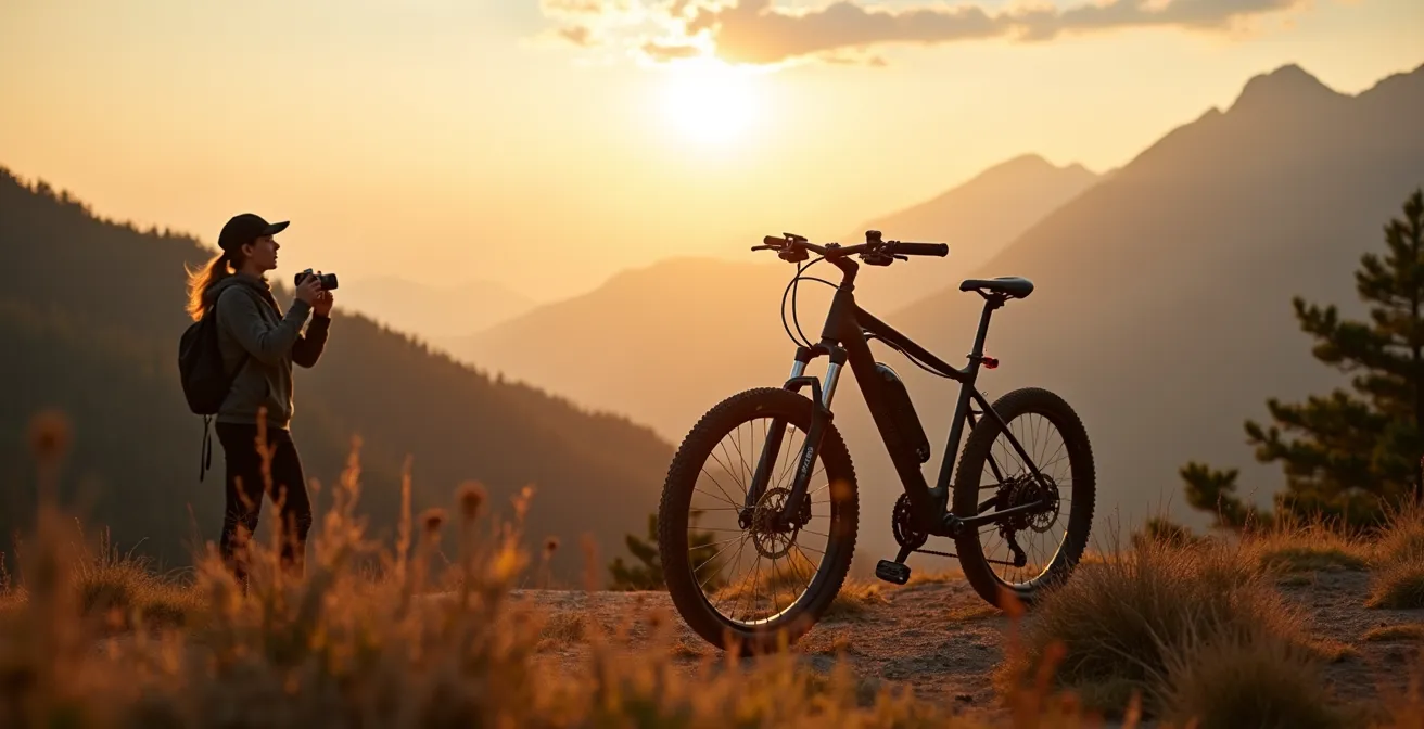Professional photographer capturing golden hour shot of pristine e-bike on scenic trail overlook