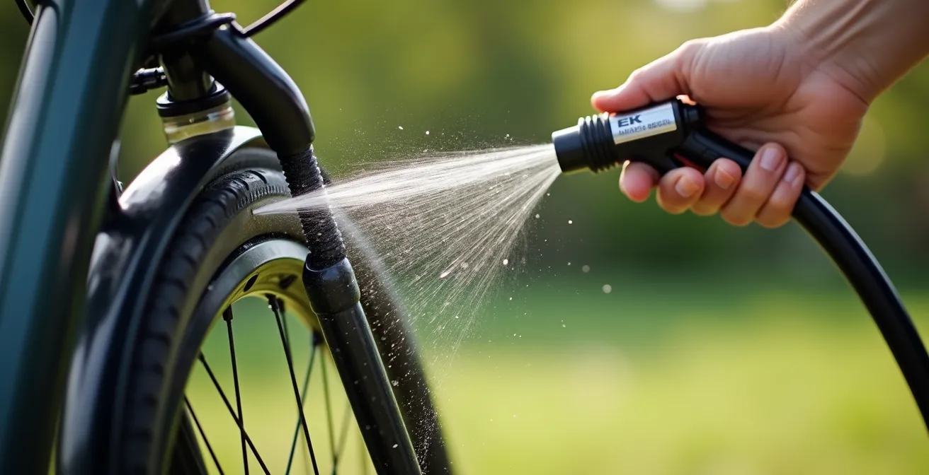 E-bike being washed with low-pressure garden hose in outdoor setting with proper cleaning technique