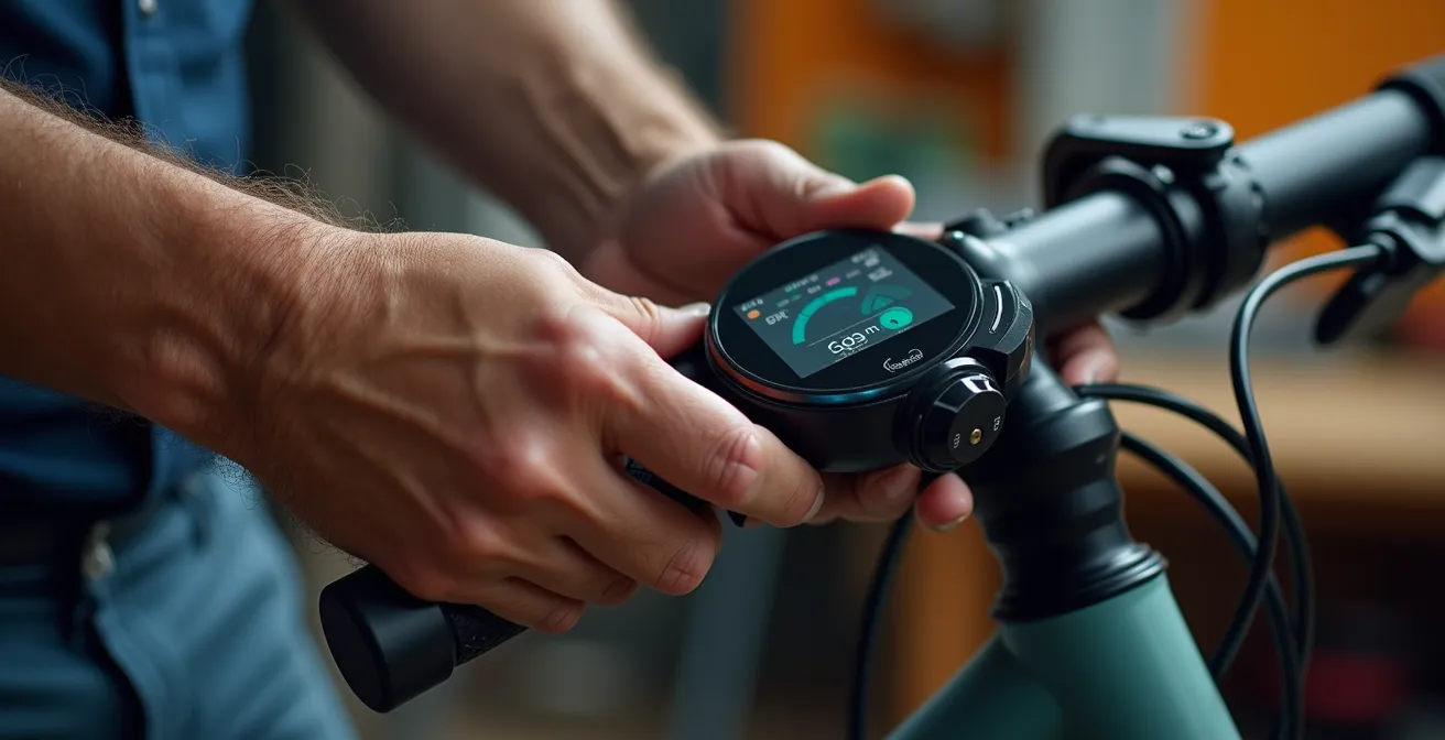 Hands adjusting e-bike display settings showing calibration menu in soft focus