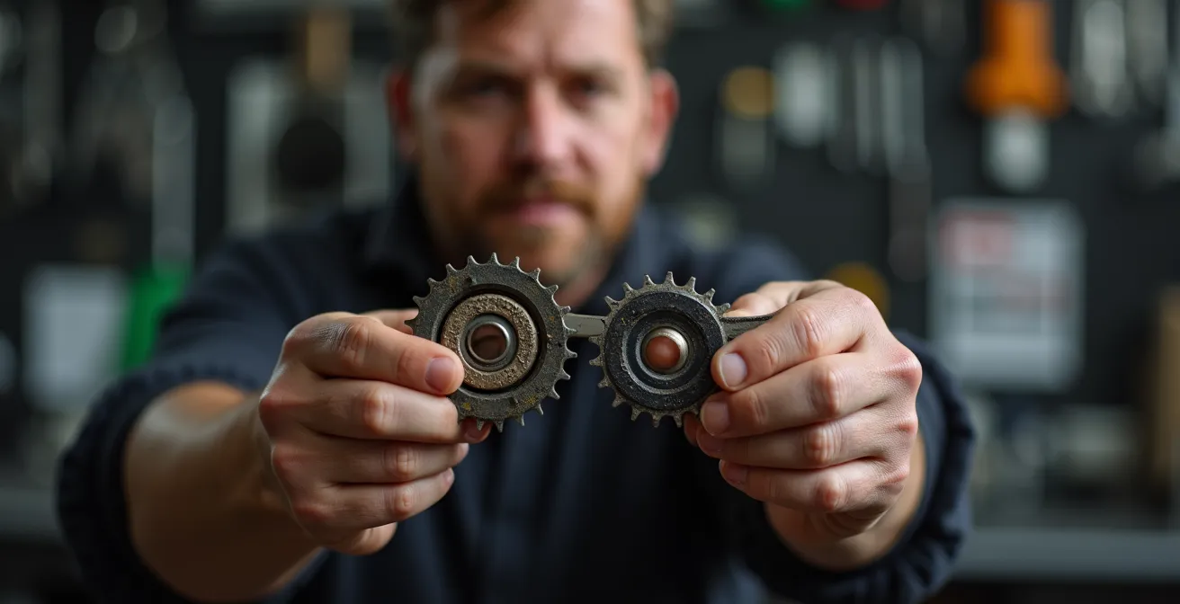 Macro comparison of worn versus new e-bike chain and cassette components