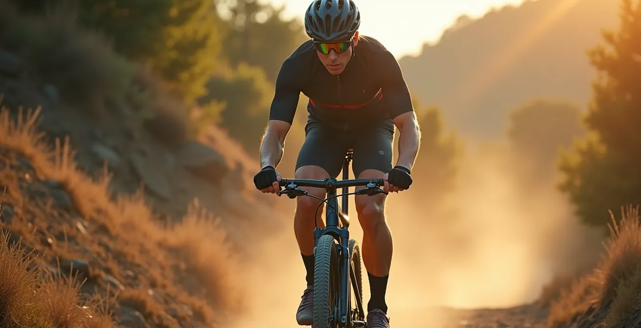 Mountain biker approaching steep incline with strategic speed buildup