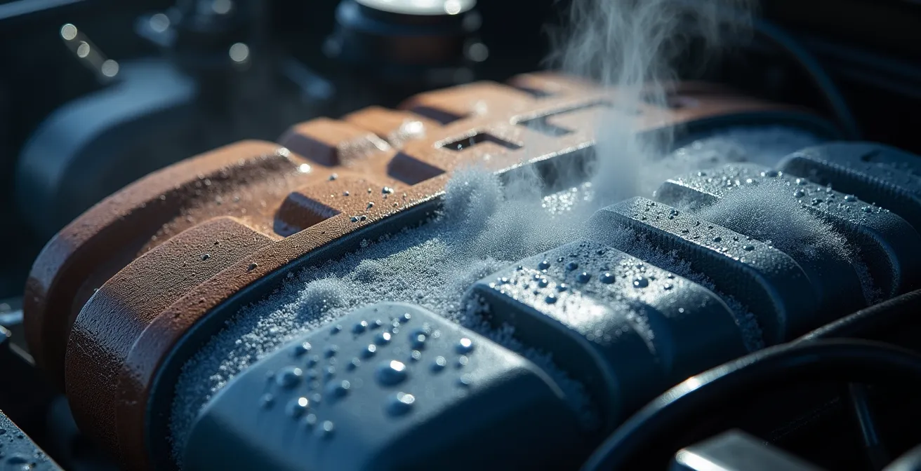 Close-up of car engine components showing temperature variations during cold start