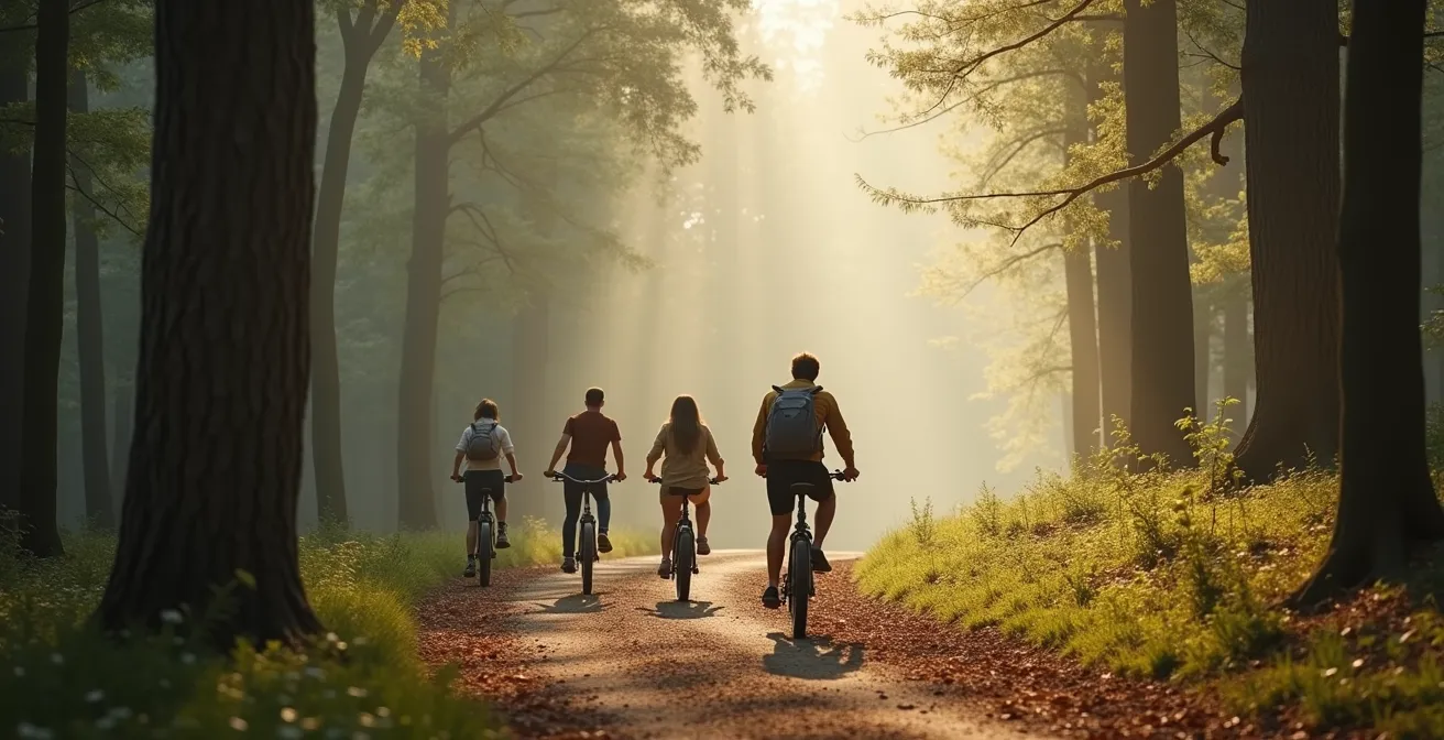 Wide shot of a family riding e-bikes through a sunlit forest trail