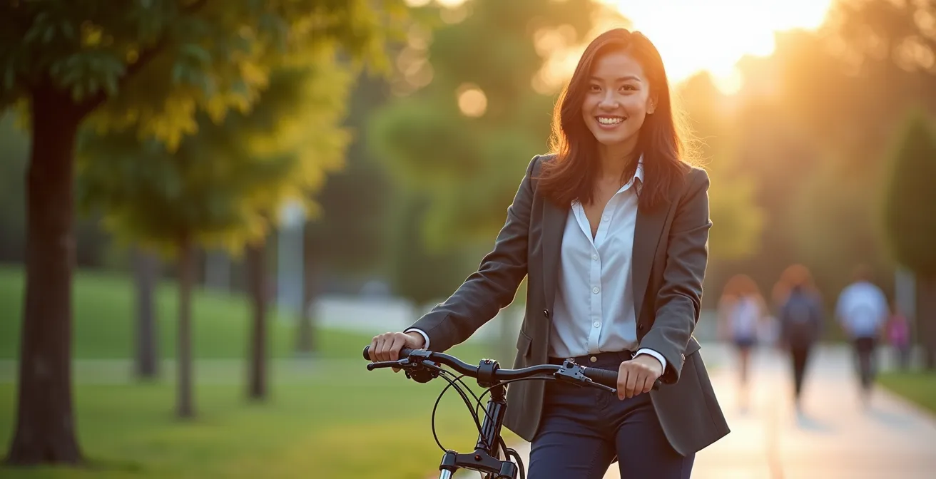 Person with e-bike in urban park setting showing active lifestyle benefits