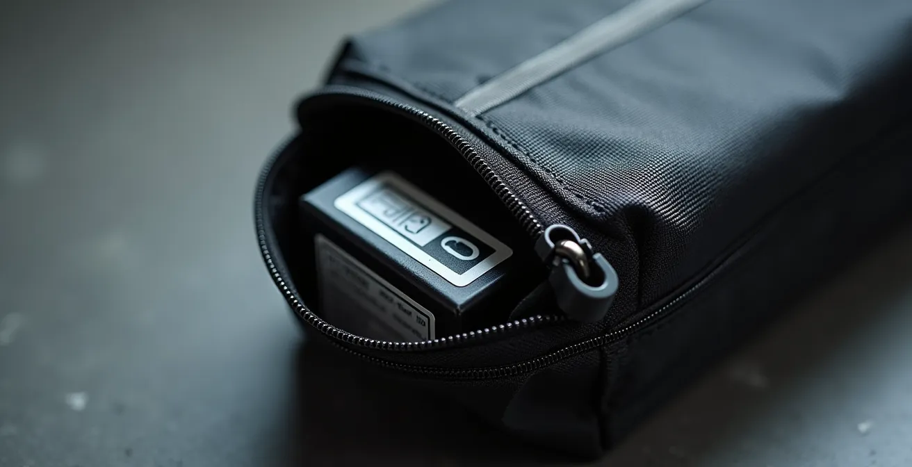 Close-up of a certified e-bike battery in a fire-resistant storage bag