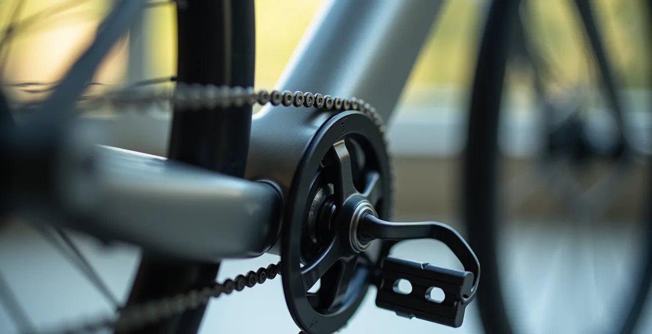 Macro shot of folding bike hinge mechanism showing compact engineering details