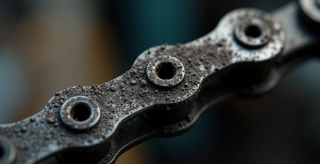 Microscopic view of contaminated chain showing dirt and old lube forming abrasive paste