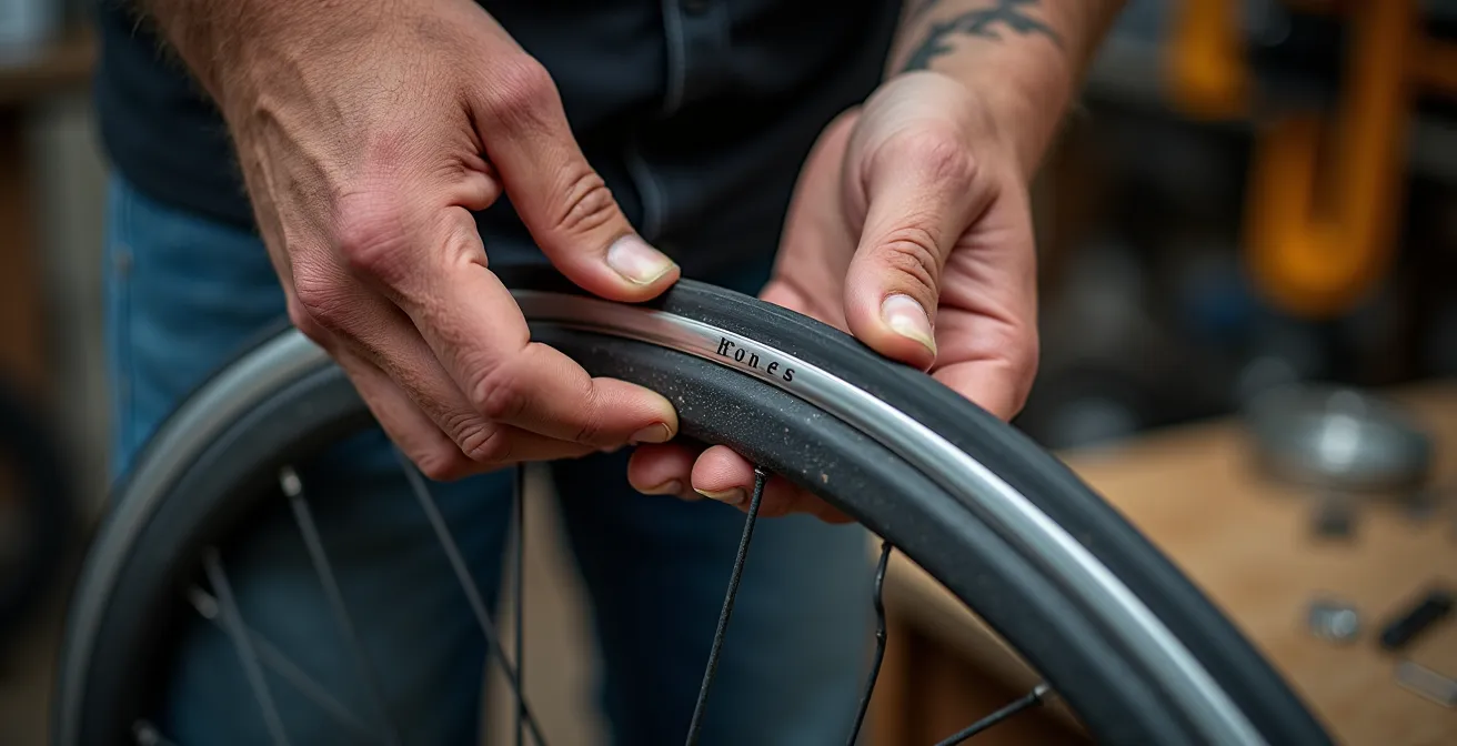 Close-up of hands positioning bicycle tire bead in rim center channel during installation