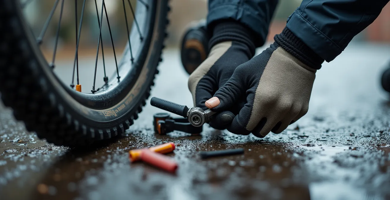 Cyclist's gloved hands working on bike tire repair in challenging conditions