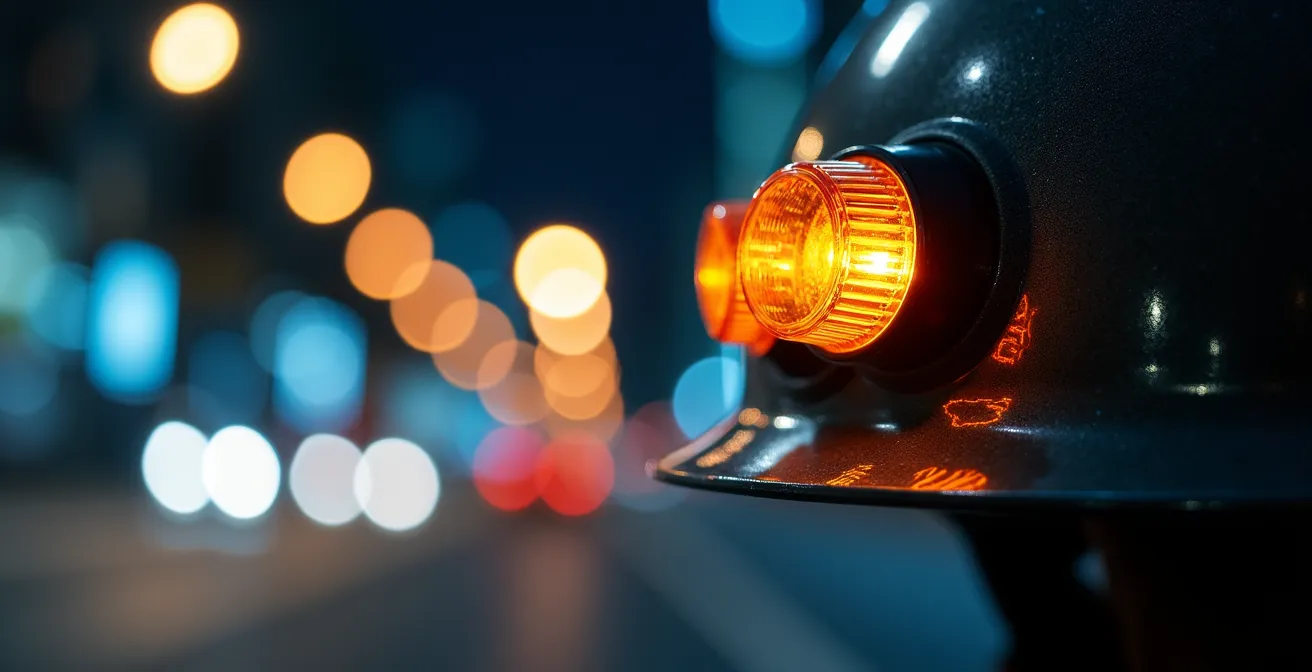 Extreme close-up of helmet-mounted bike light creating visibility pattern
