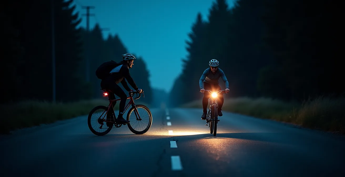 Split comparison showing cyclist visibility with helmet-mounted versus frame-mounted lights at night