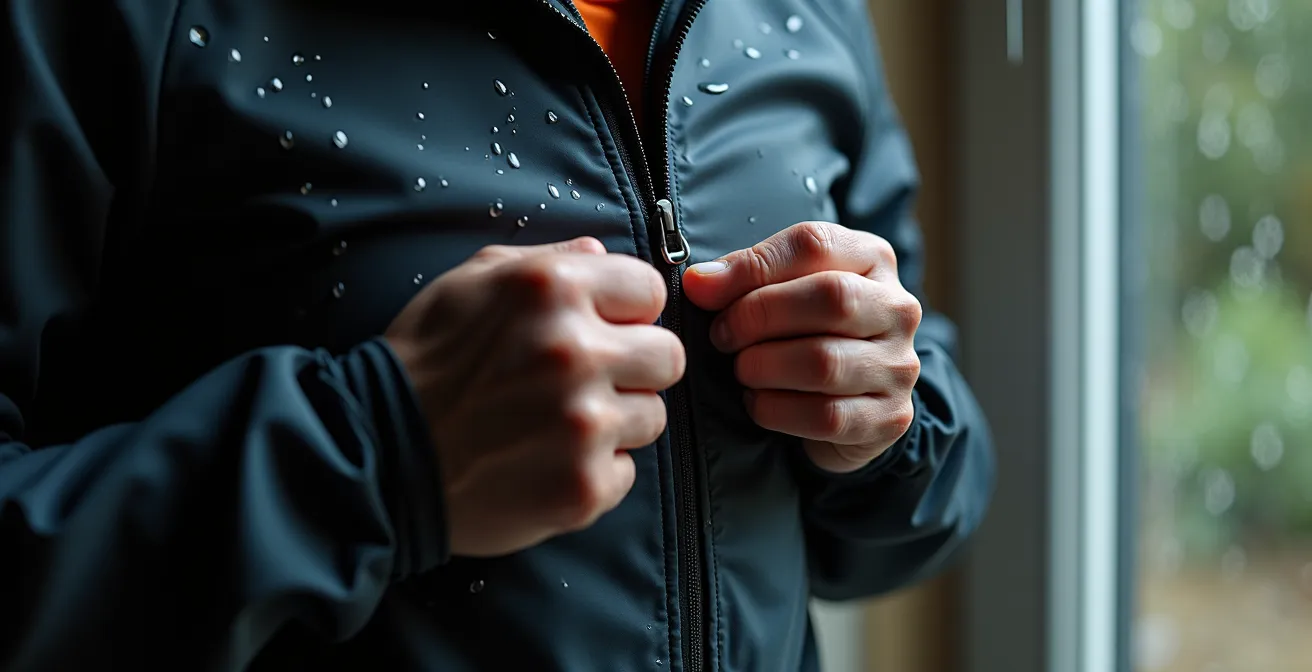 Close-up of cyclist's hands adjusting waterproof jacket zipper before rainy ride