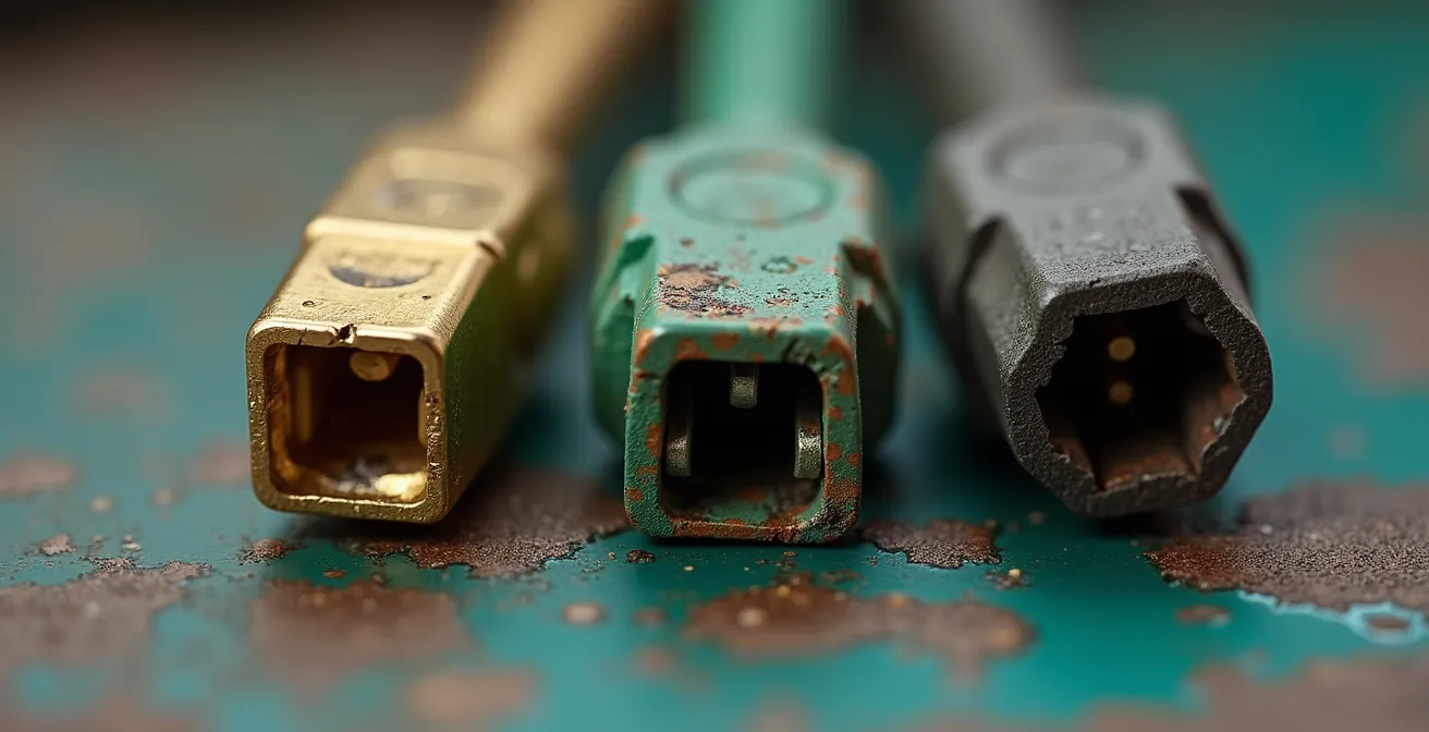 Extreme close-up of electrical connector pins showing different levels of oxidation and corrosion