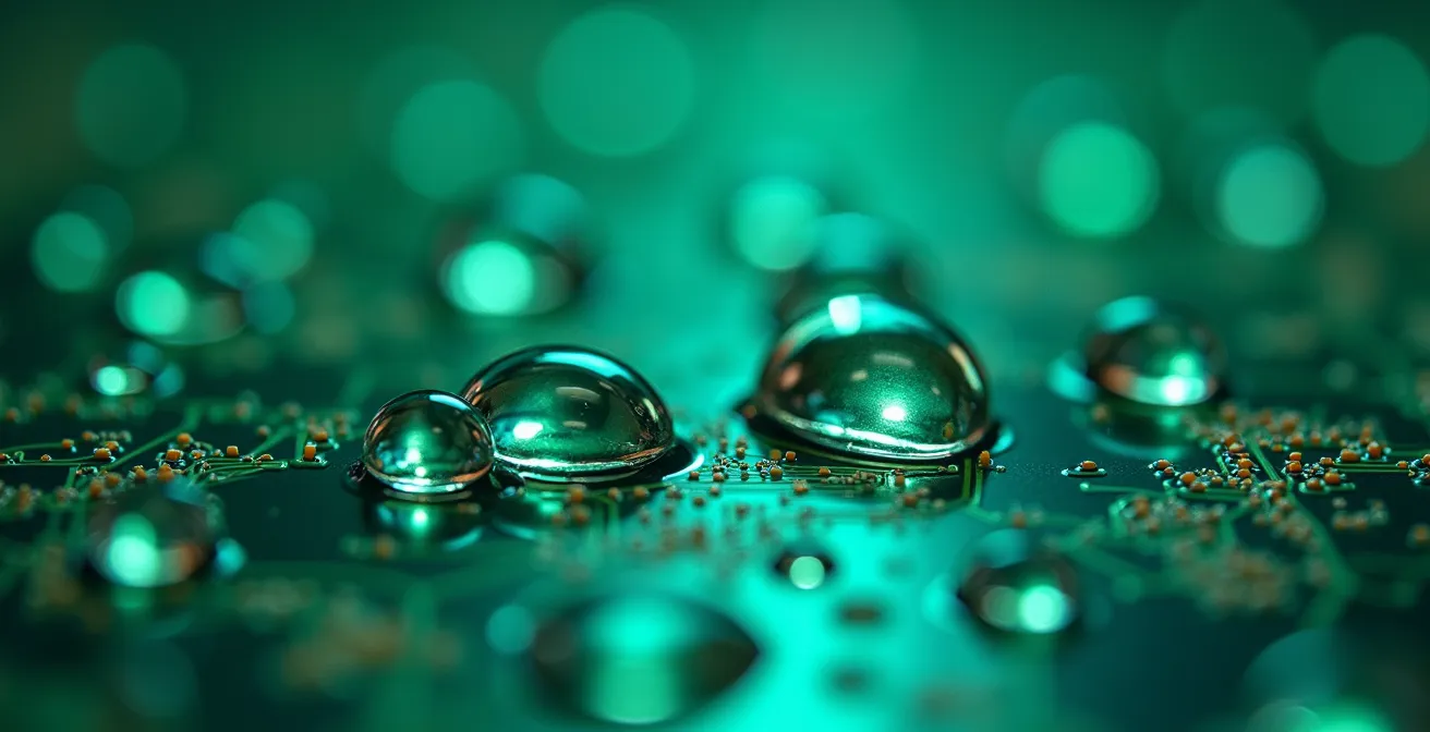 Extreme close-up of water droplets on electronic circuit board showing moisture penetration