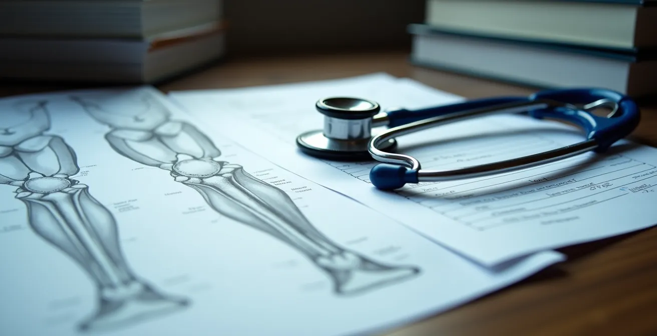 Medical prescription forms and documents for knee rehabilitation therapy laid out on desk