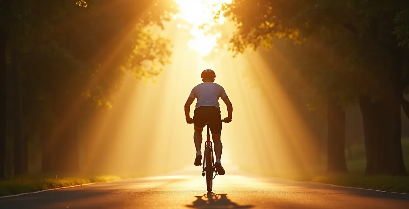E-bike rider bathed in morning sunlight filtering through urban trees, creating a natural light therapy effect.