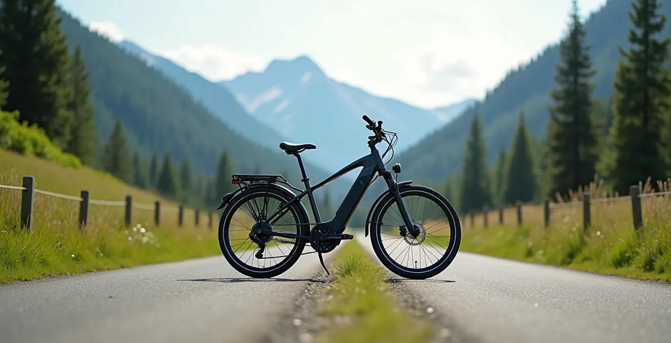 E-bike rider on paved national park path with scenic mountain backdrop