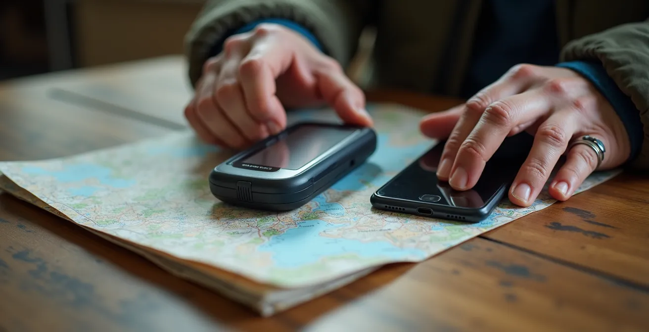 Macro view of hands preparing navigation devices with maps for remote ride