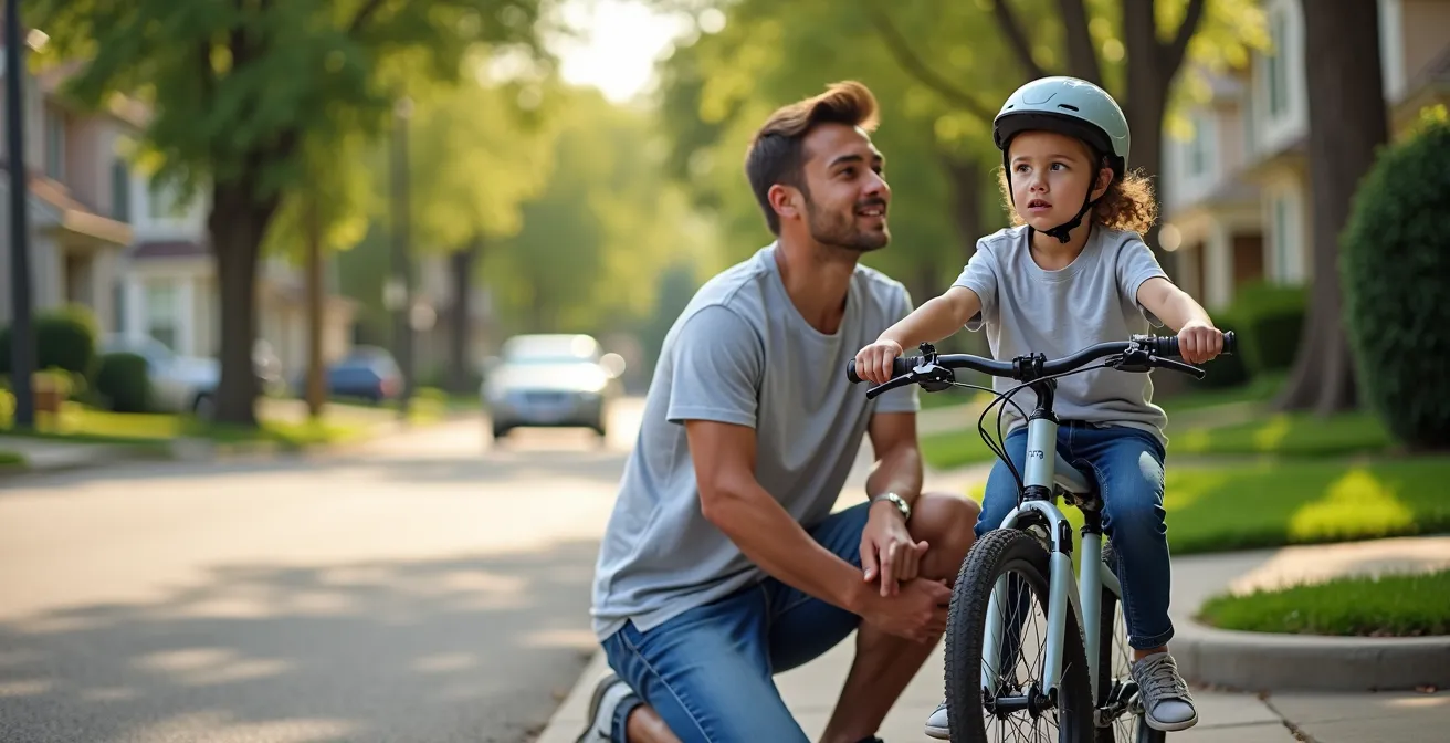 Parent and young teen with traditional bicycle in suburban driveway, learning basic road awareness