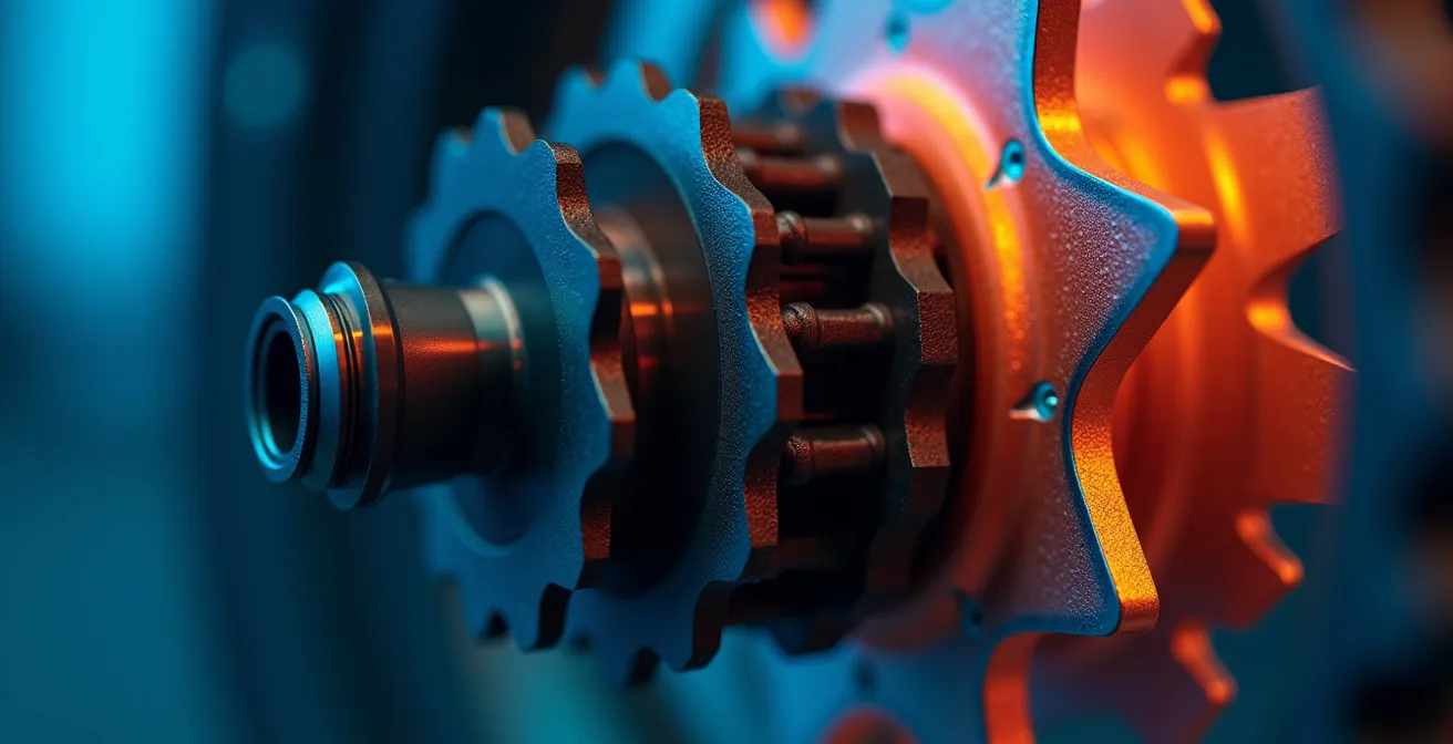 Close-up macro shot of e-bike motor internal gears with temperature gradient visualization