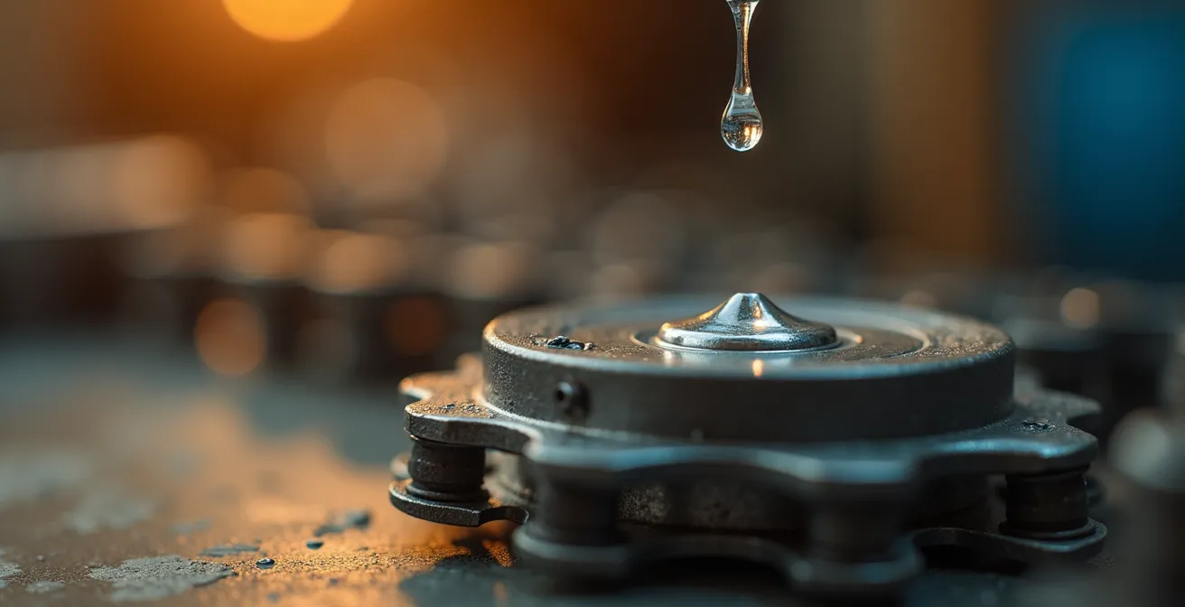 Close-up macro shot of applying chain lubricant drop to bike chain roller