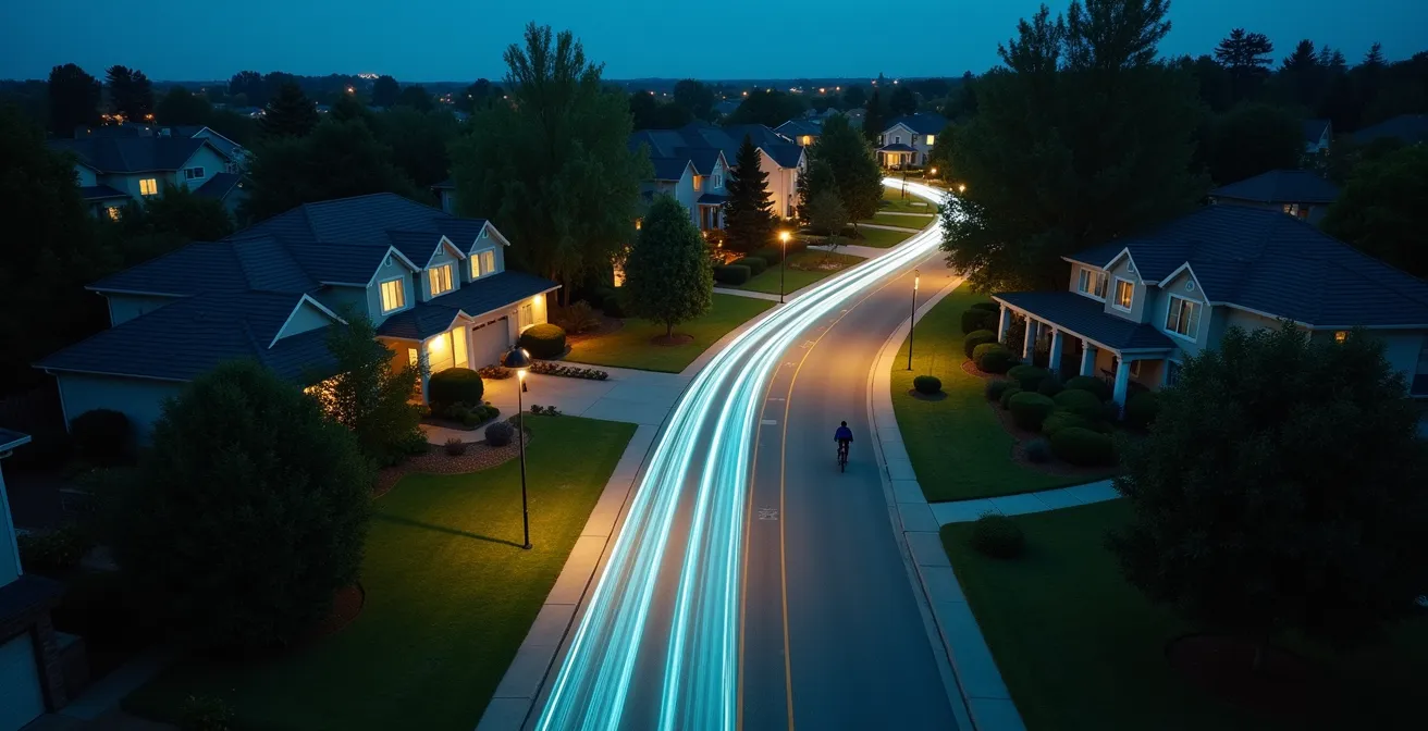 Aerial view showing protected privacy zones around cyclist's home with abstract data visualization