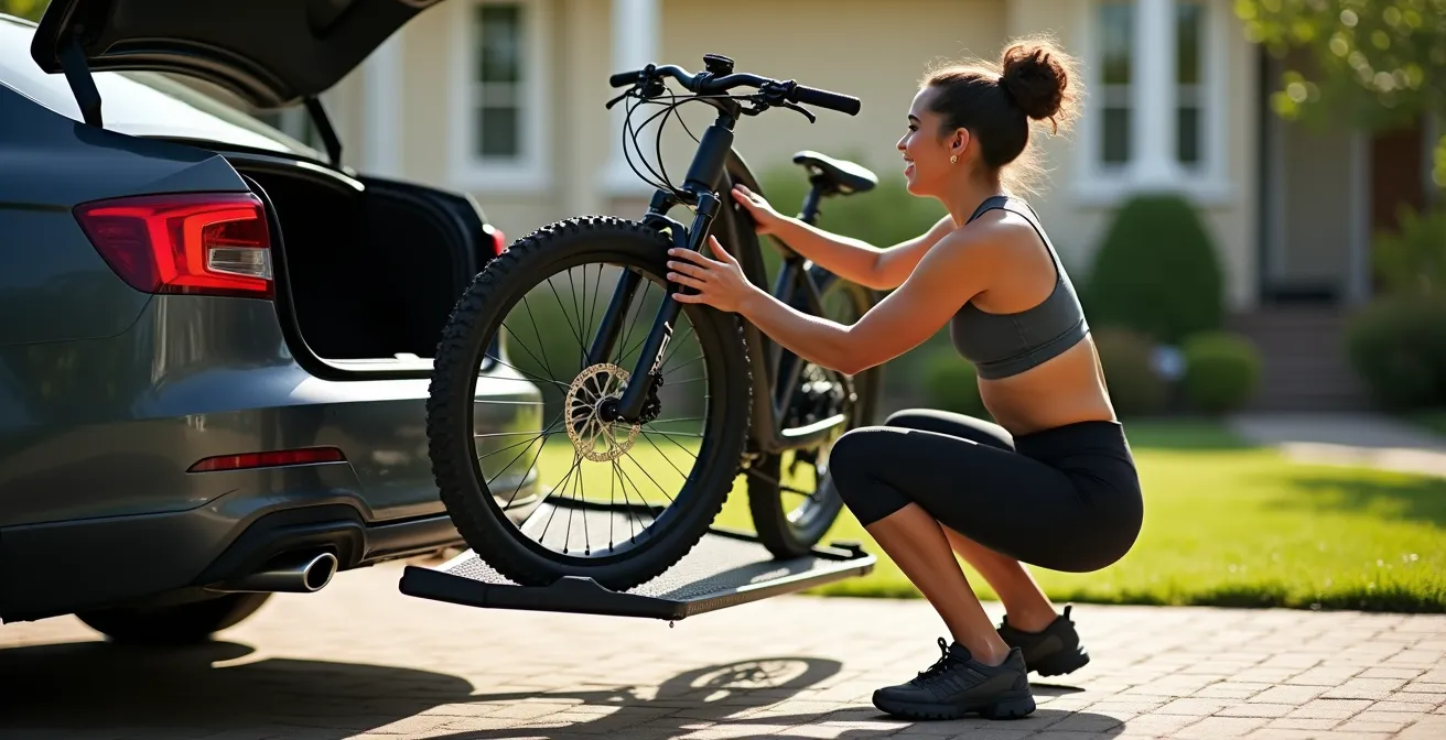 Person demonstrating proper lifting technique loading e-bike onto platform rack