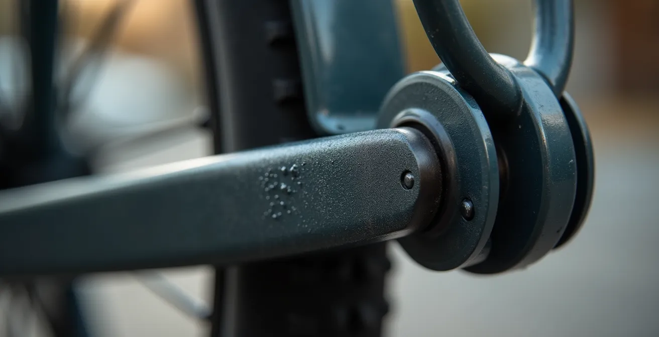 Close-up of U-lock securing e-bike frame and rear wheel to bike rack