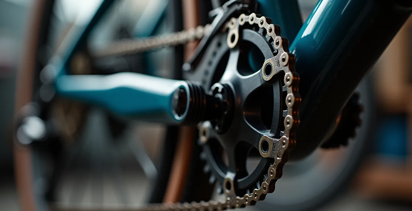 A close-up of a cyclist's feet demonstrating the soft pedal technique, easing pressure on the pedal during a gear shift on a mid-drive ebike.