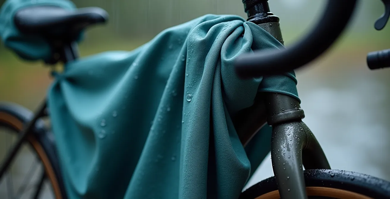 Cyclist wearing poncho on step-through bike in rain with protected legs