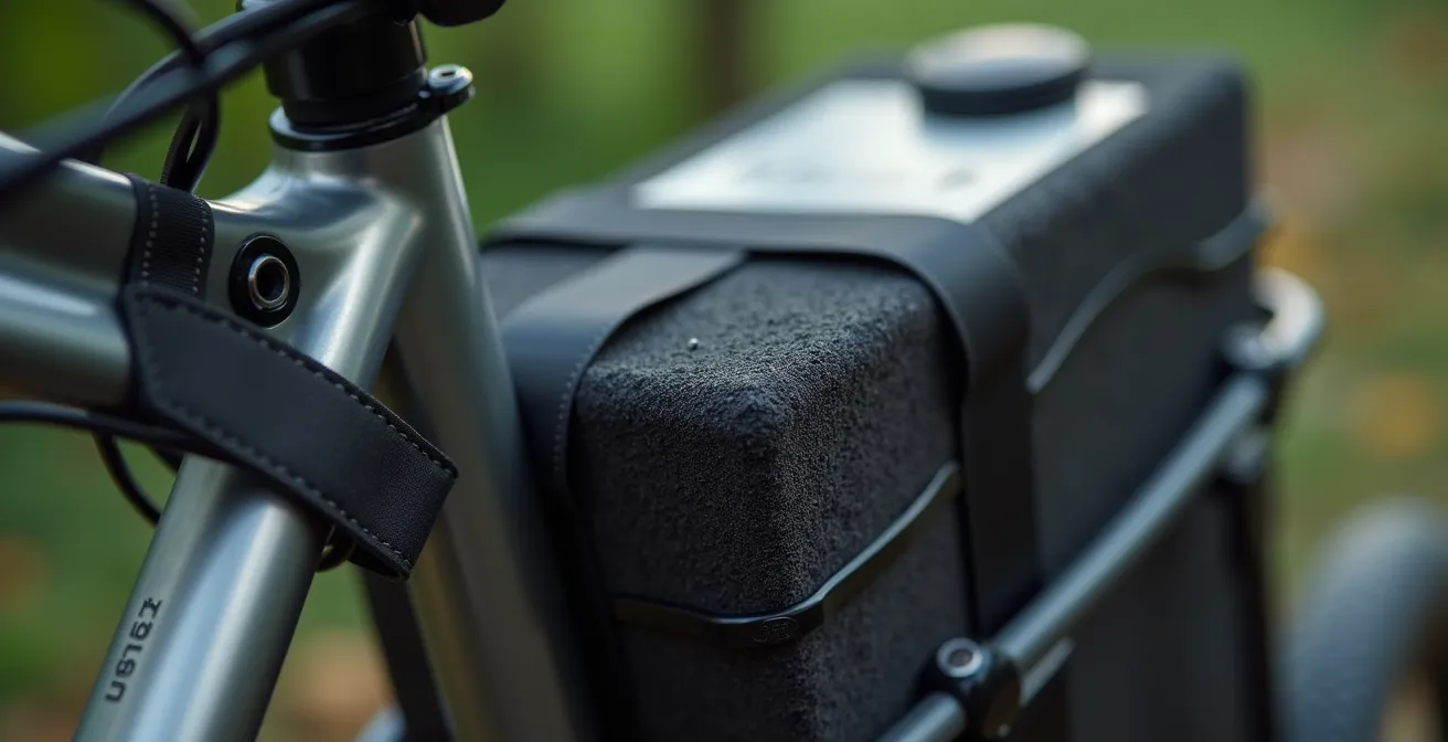Close-up of reinforced battery mount with straps and padding
