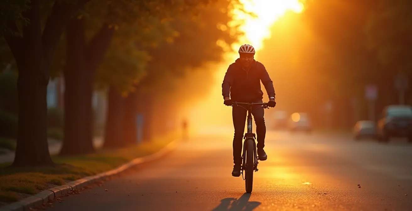 Early morning cyclist on a quiet suburban street with a silent hub motor ebike, enjoying a peaceful commute.