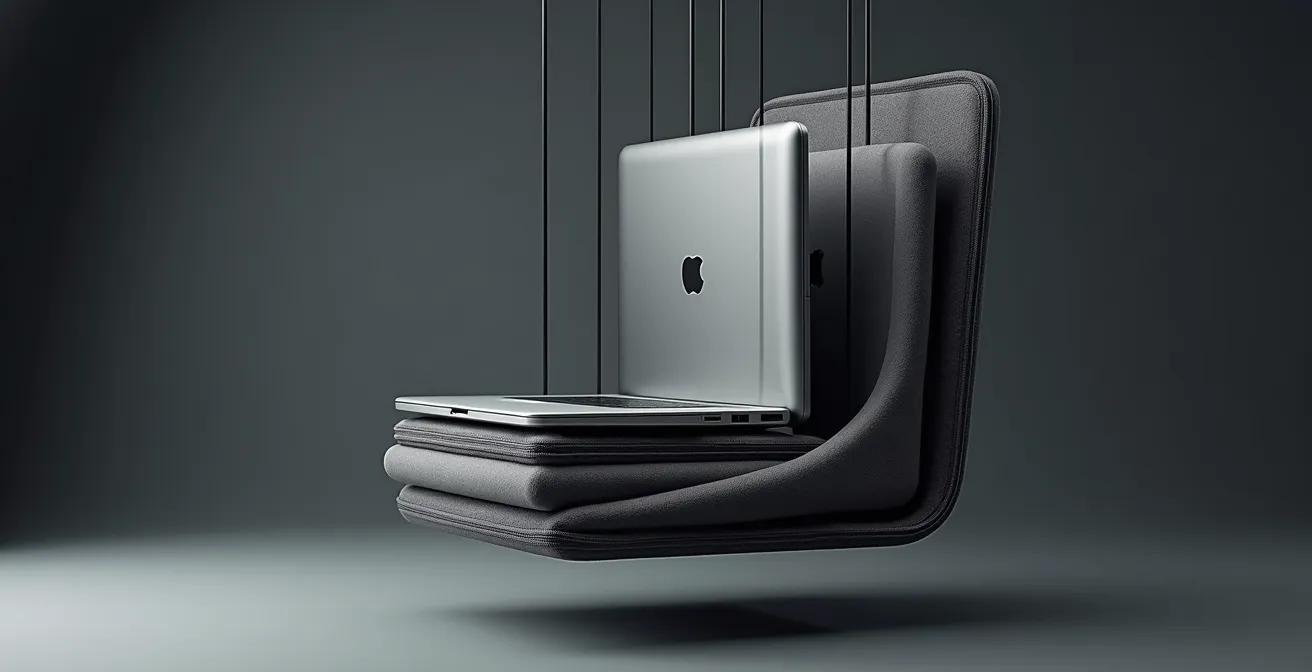 Cross-section view of suspended laptop compartment inside pannier showing protective layers