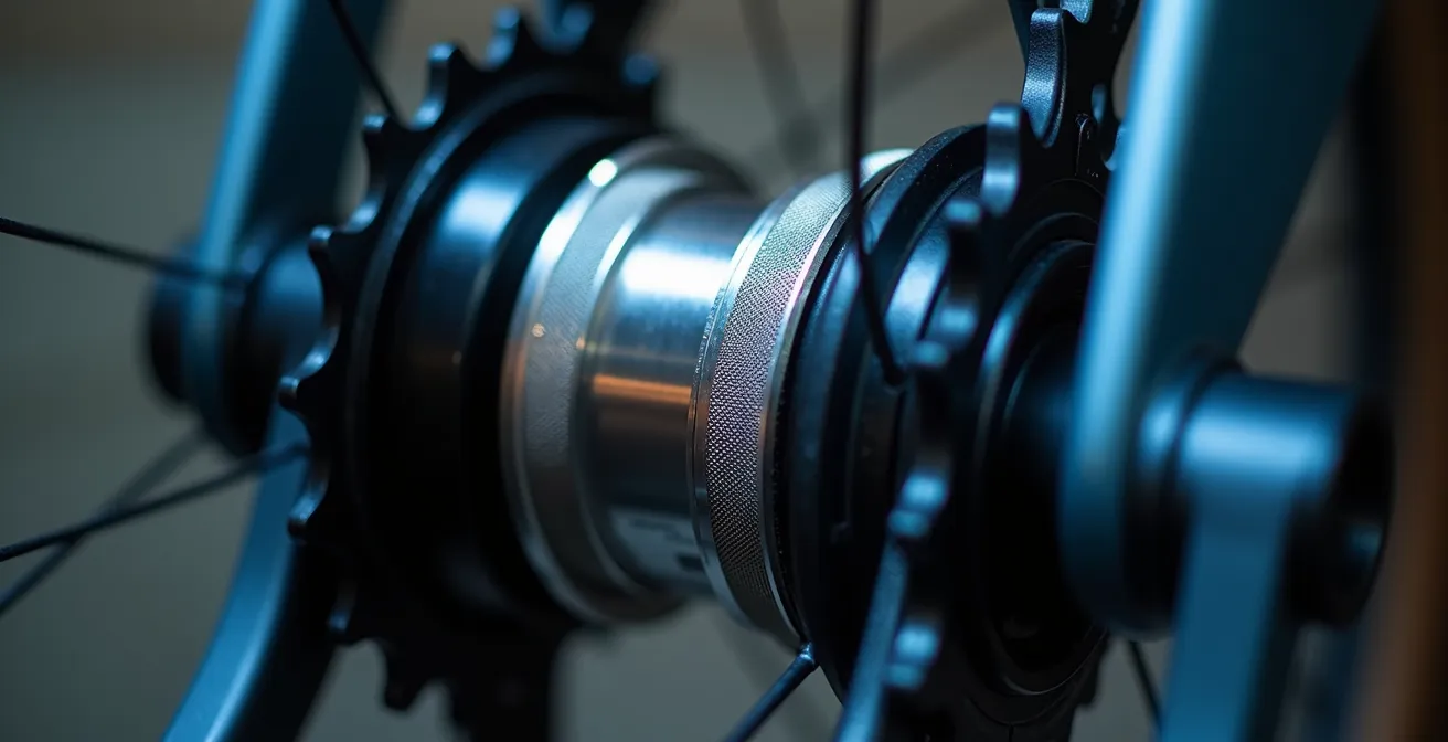 Close-up macro shot of an e-bike torque sensor mechanism with visible strain gauges