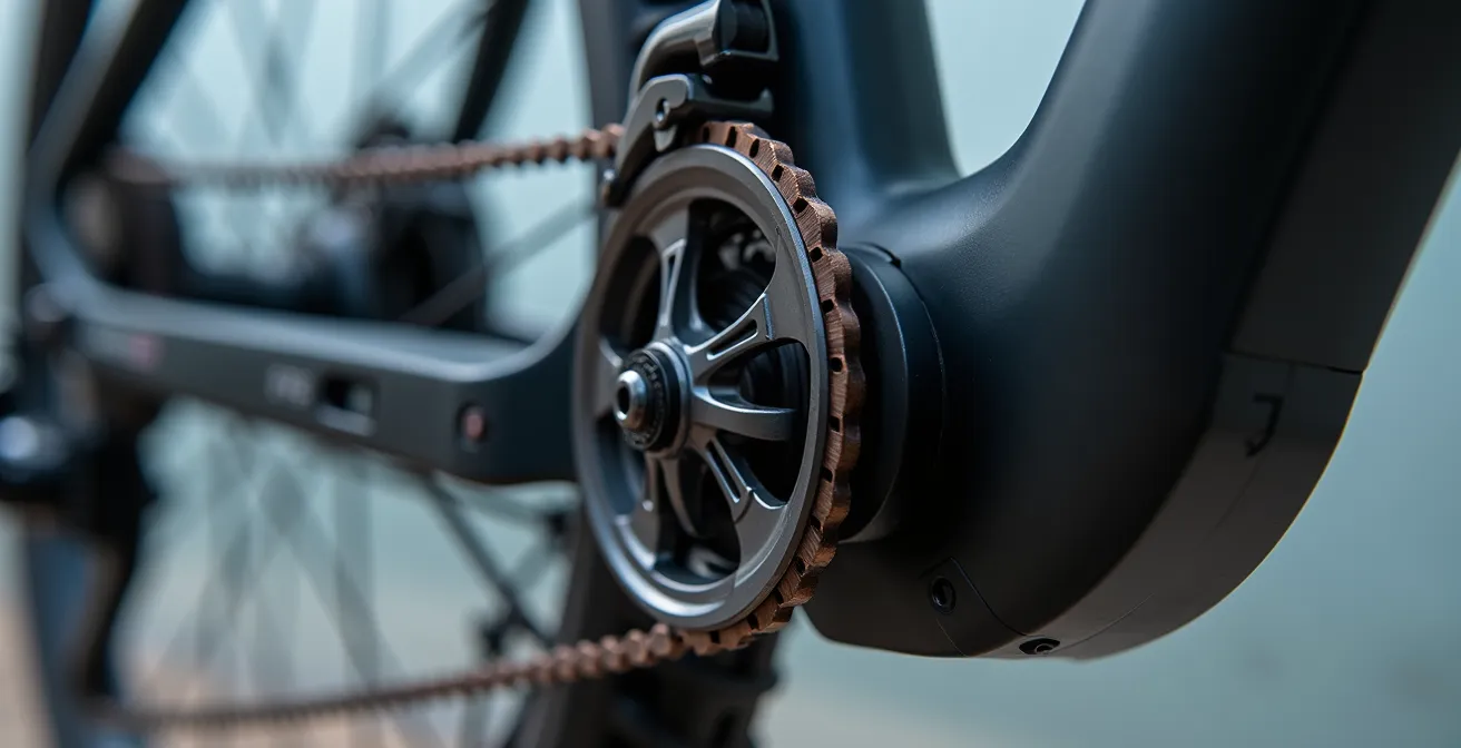 Close-up macro shot of an e-bike torque sensor system