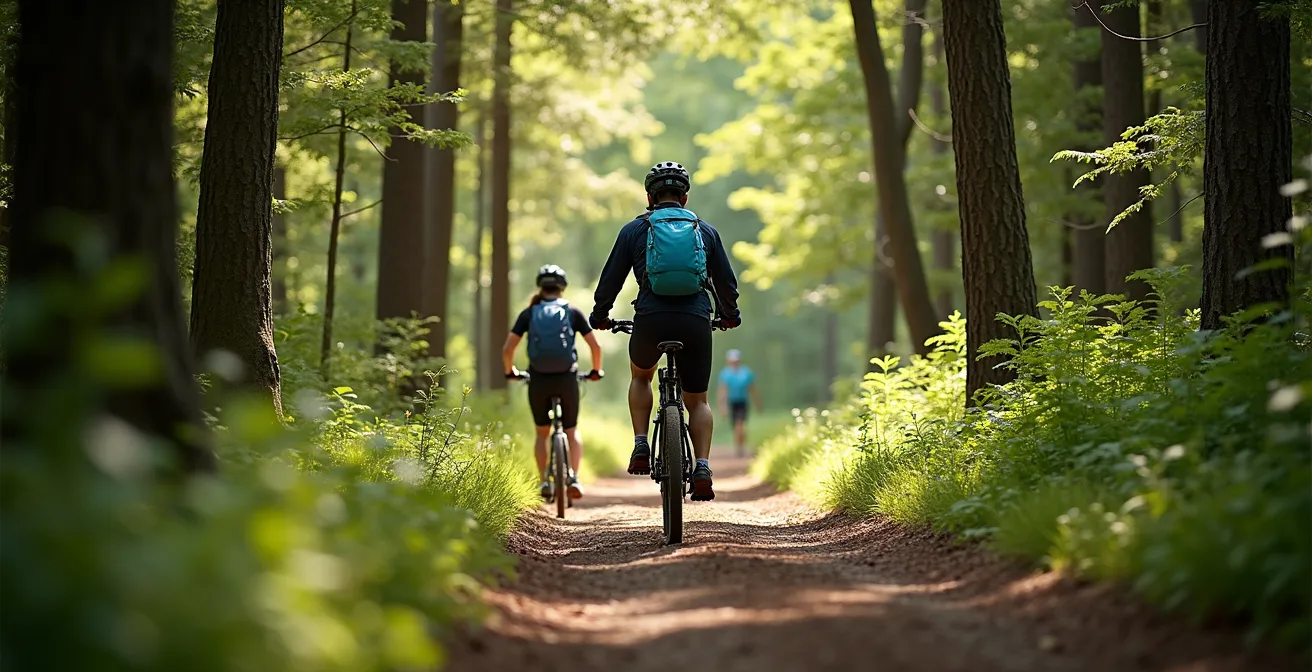 E-bike rider yielding to hikers on narrow trail demonstrating proper etiquette