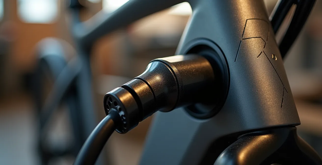 Close-up of a universal smart charging connector for e-bikes showcasing data and power integration