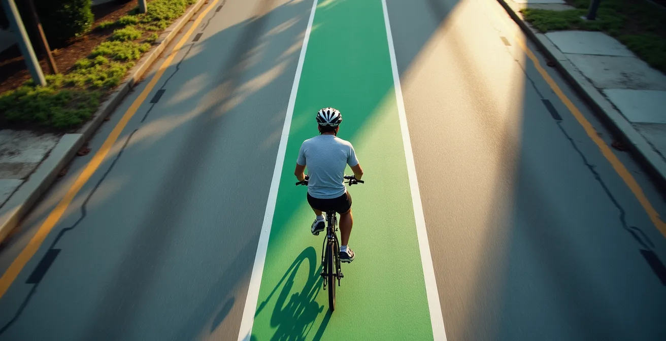 Aerial view of cyclist navigating through interconnected bike lanes and shortcuts in city grid